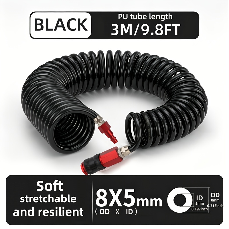 TEMU /6m/9m/12m/15m Pneumatic Air Hose, Sturdy Pu Spring Air Hose With Us Style Quick Connector, High Pressure Telescopic Spiral Air Hose For
