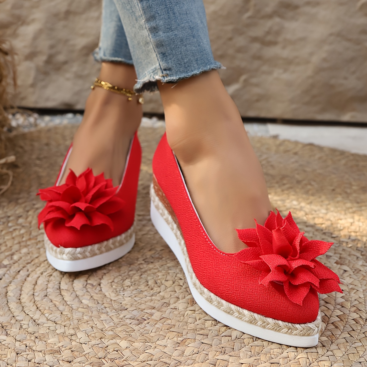 chaussures compensées espadrilles rouges femmes [style Temu