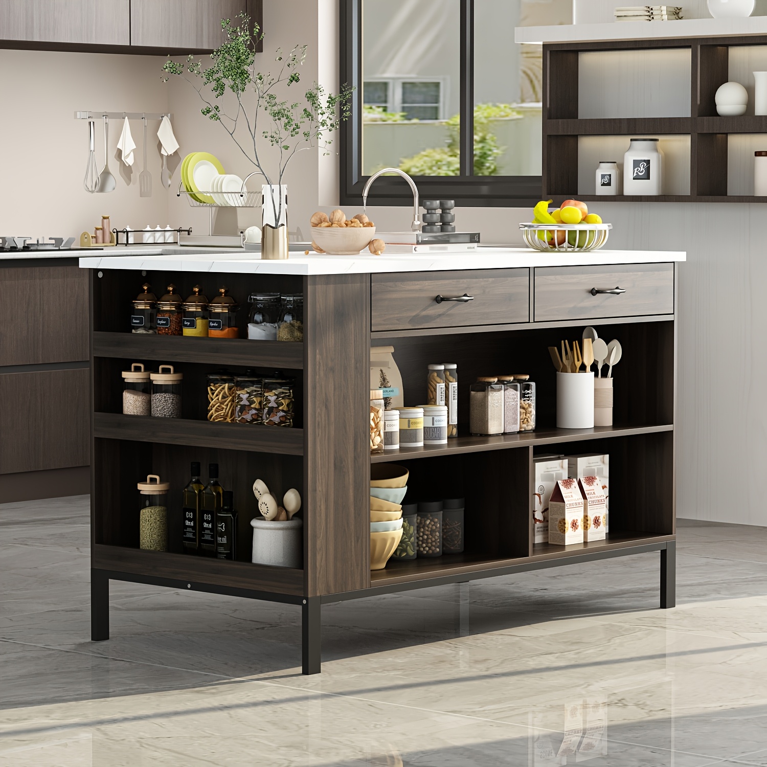 Modern Kitchen Island Storage Cabinet & Buffet with Marble Top