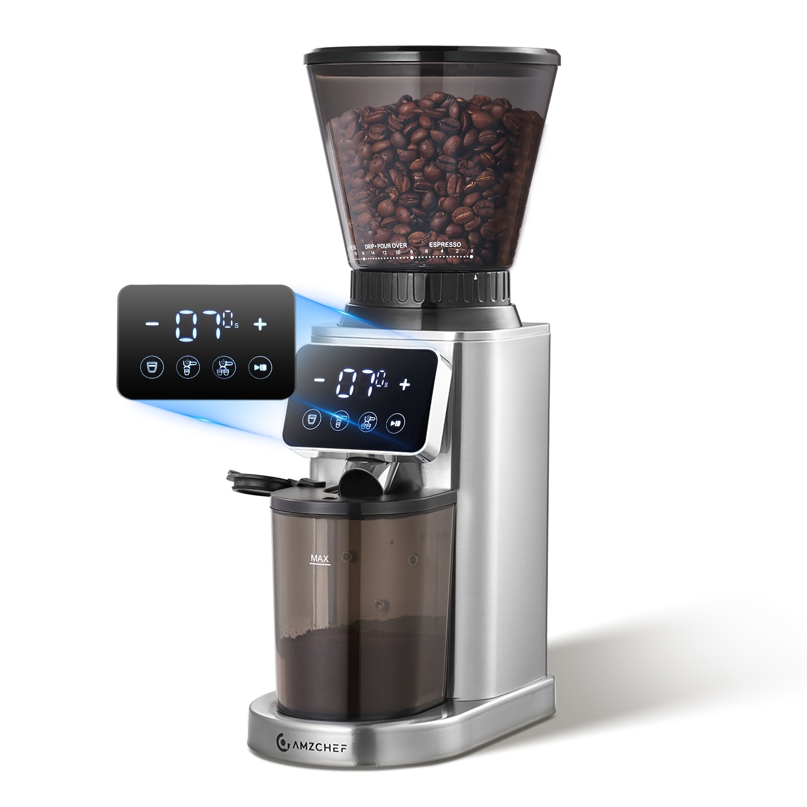 Image of Amzchef Electric Coffee Grinder With Lcd Touchscreen, 24 Grind Settings, Conical Burr Coffee Bean Grinder For Espresso, Drip, & Cold Brew, Detachable Container & Funnel Stand For Home Use