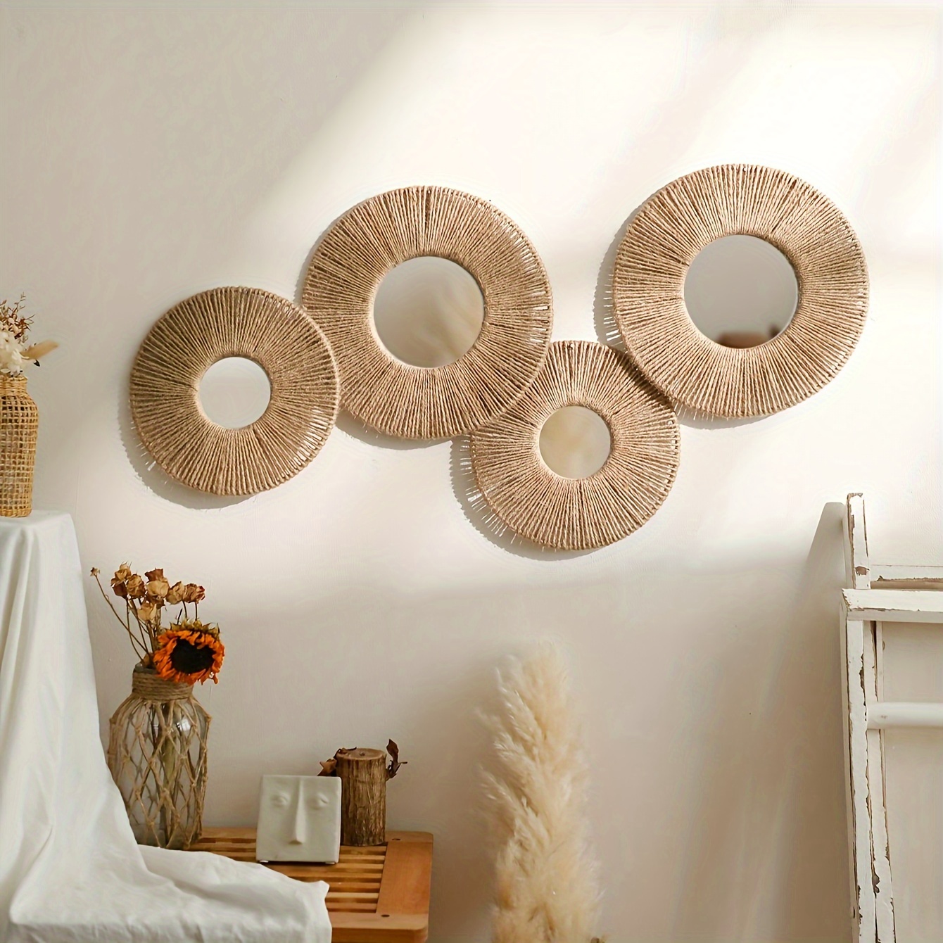 

1pc Boho Nursery Hanging Double Crystal Mirror, Round Rustic Coastal Mirror With Wooden Frame, 10.03 Inch Bohemian Wall Art Decor, Farmhouse Bathroom & Entryway Mirror