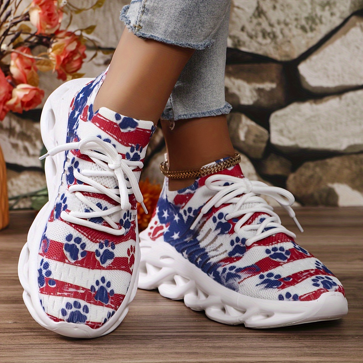 

Women's Red & Blue Striped Dog Paw Print Sneakers, Casual Comfortable Sports Shoes, Breathable Walking Shoes For Independence Day