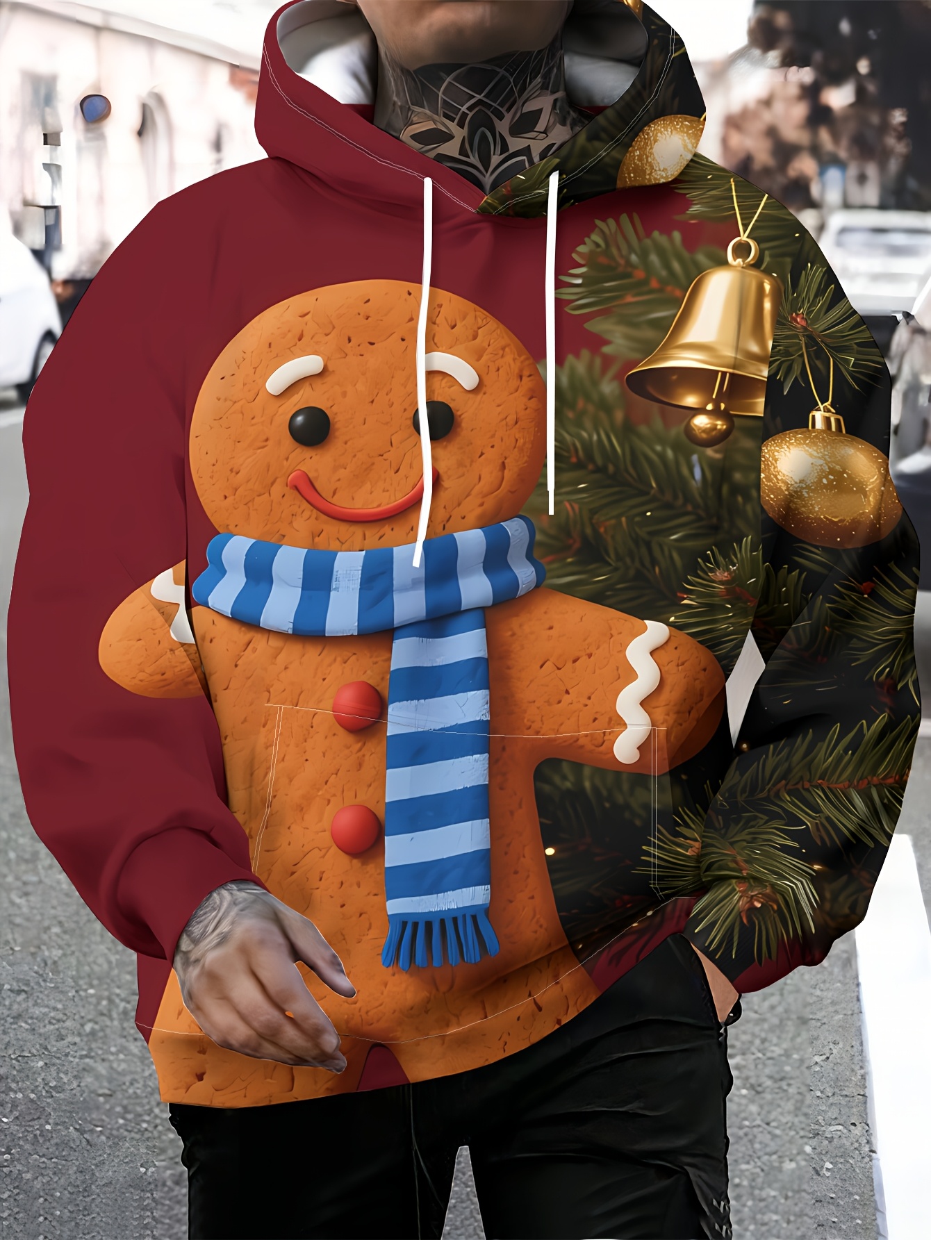 mens hooded sweatshirt red gingerbread man print christmas bell pattern festive party casual everyday wear print design not textured