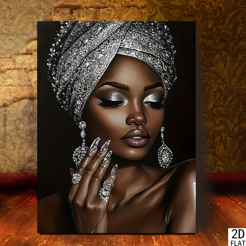 TEMU Room Decor 1pc, African Woman With Silvery Glitter Embroidery, Framless Canvas Wall Art, 11.8x15.7 Inches, Elegant Decor For Bedroom, Office,