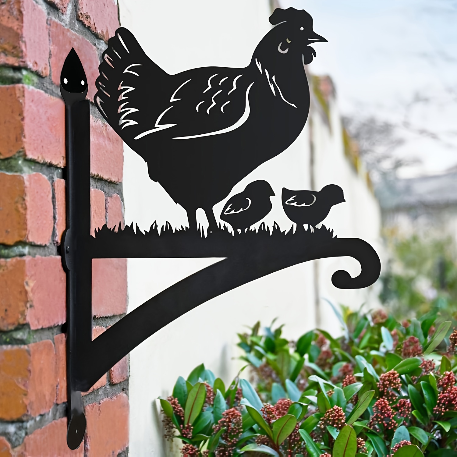 

Sturdy Metal Outdoor Hanging Bracket For Planters, Lanterns, Bird Feeders & Wind Chimes - Decorative Hen & Chick Silhouette Wall Mount Hook