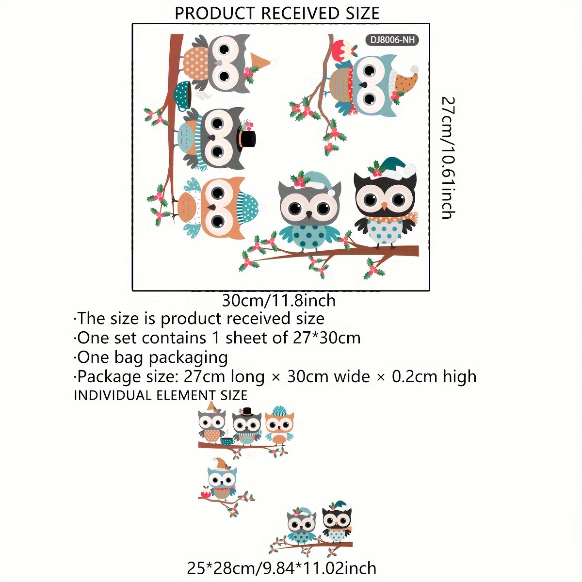 Christmas Owl Stickers, Double-sided Decals, Pvc - Decor, Reusable - Clings , Embellishments - Oblong