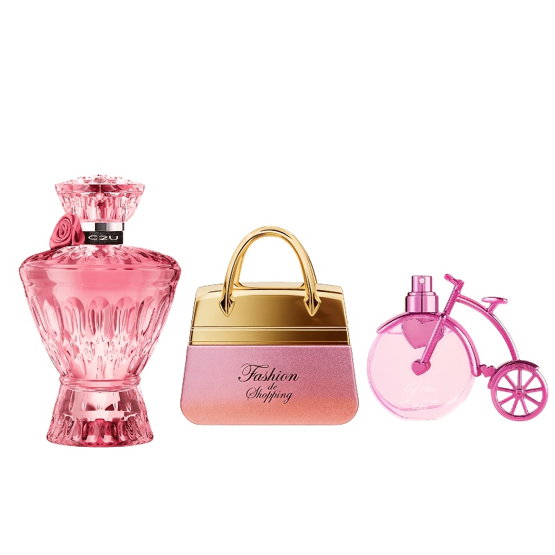 3pcs Pink- Girly Perfume Set 150ml, C2u Rose Quartz Gemstone 75ml + Deold Handbag 50ml + Bicycle , × Floral × Oriental Sweet, Rose Quartz Bottle × Light Luxury Handbag × Bicycle Bottle