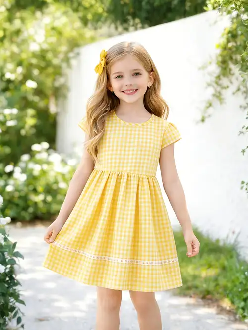 Girls' Summer * Short-Sleeve Princess Dress, Stylish Children's Waist-Cinching A-Line Dress with Tie Belt, Back Button Closure, and Lace Trim, Versatile Outdoor Casual Dress for Little Girls' Daily * Girls' Summer * Short-Sleeve Princess Dress, Stylish Children's Waist-Cinching A-Line Dress with Tie Belt, Back Button Closure, and Lace Trim, Versatile Outdoor Casual Dress for Little Girls' Daily *