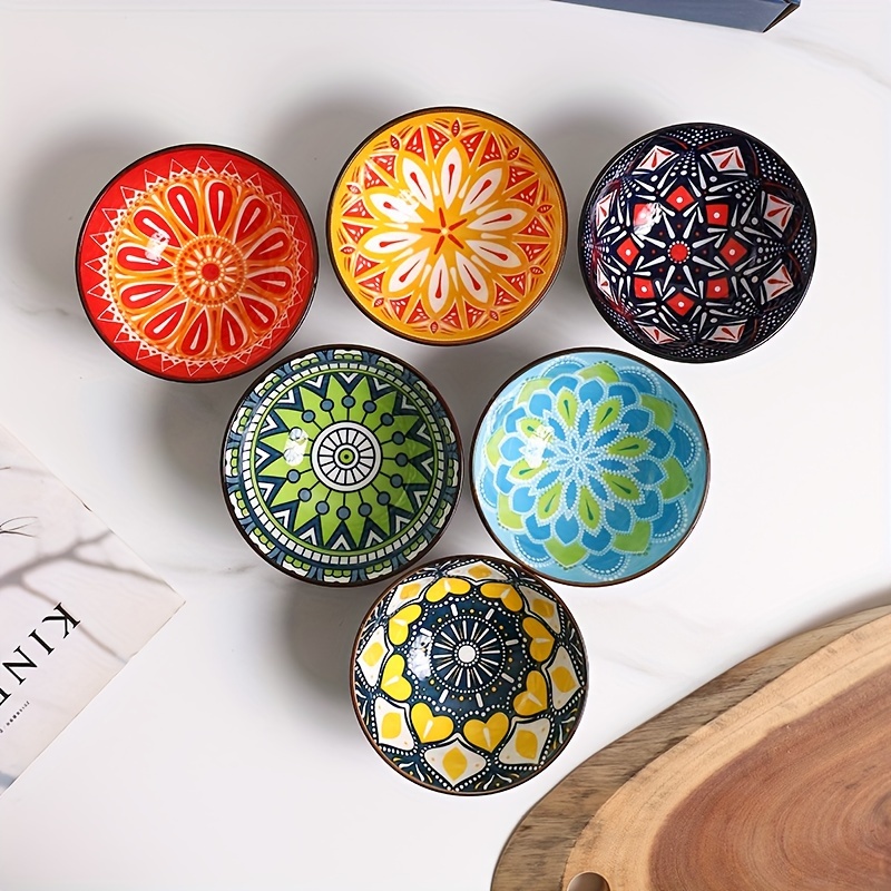 Image of 6pcs Bohemian Ceramic Bowl Set - Handcrafted, For Cereal, Ice Cream, Pasta, Salad, Rice, Snacks, , And Condiments - Perfect Gift Box, Kitchenware Accessories, Microwave And Dishwasher Safe