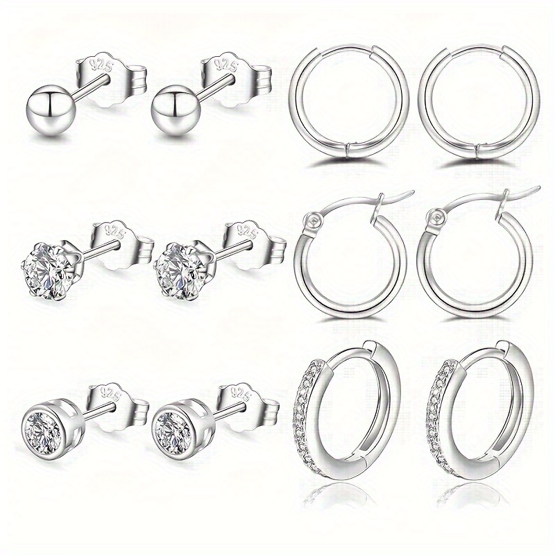 

6-pair S925 Sterling Silver Stud & Hoop Earrings Set For Women - Elegant & With Cz Accents, Silver-plated , Star, Moon, And Heart - Ideal For & Gifting, Dressy Earrings, Elegant Style,