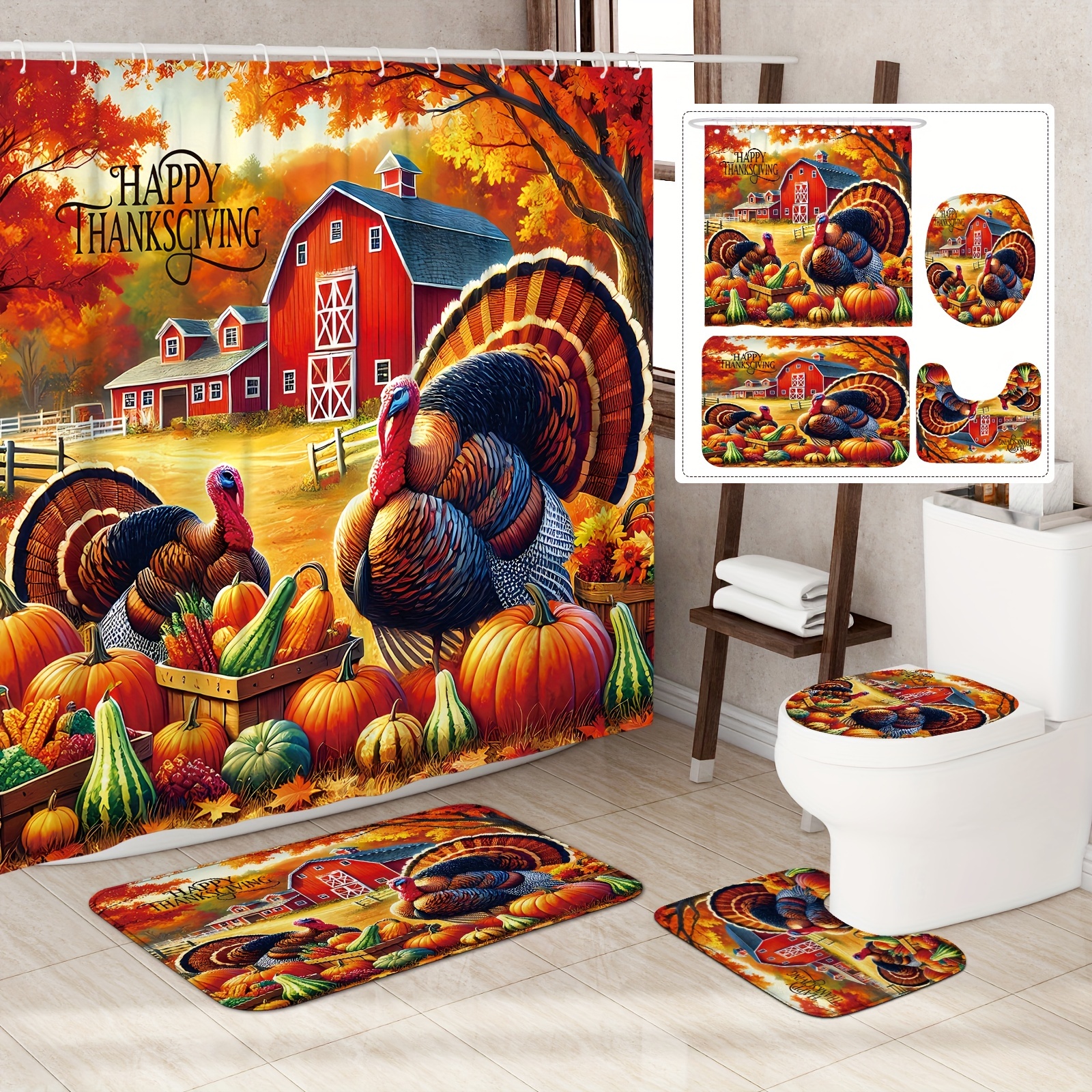 

Thanksgiving Turkey And Pumpkin Farmhouse Shower Curtain Set With Non-slip Bath Mat, U-shape Toilet Lid Cover, And 12 Hooks - Machine Washable Polyester Animal Print Bathroom Decor For Fall Season