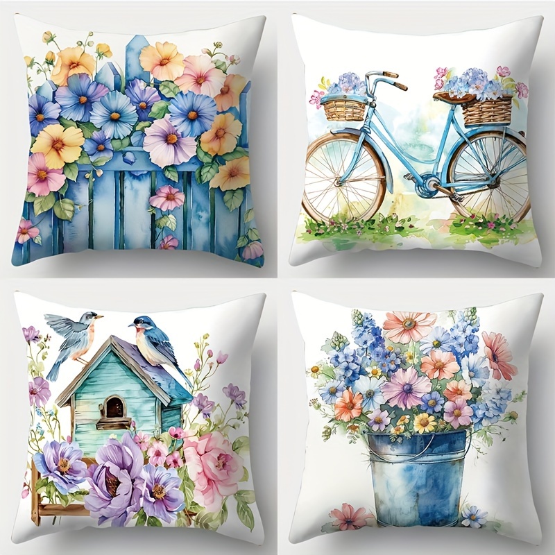 

Set Of 4 Throw Pillow Covers, Contemporary Style, Woven Polyester Floral Print Zippered Cushion Cases For Sofa And Bedroom Decor, 17.72 Inch, Machine Washable, Insert Not Included