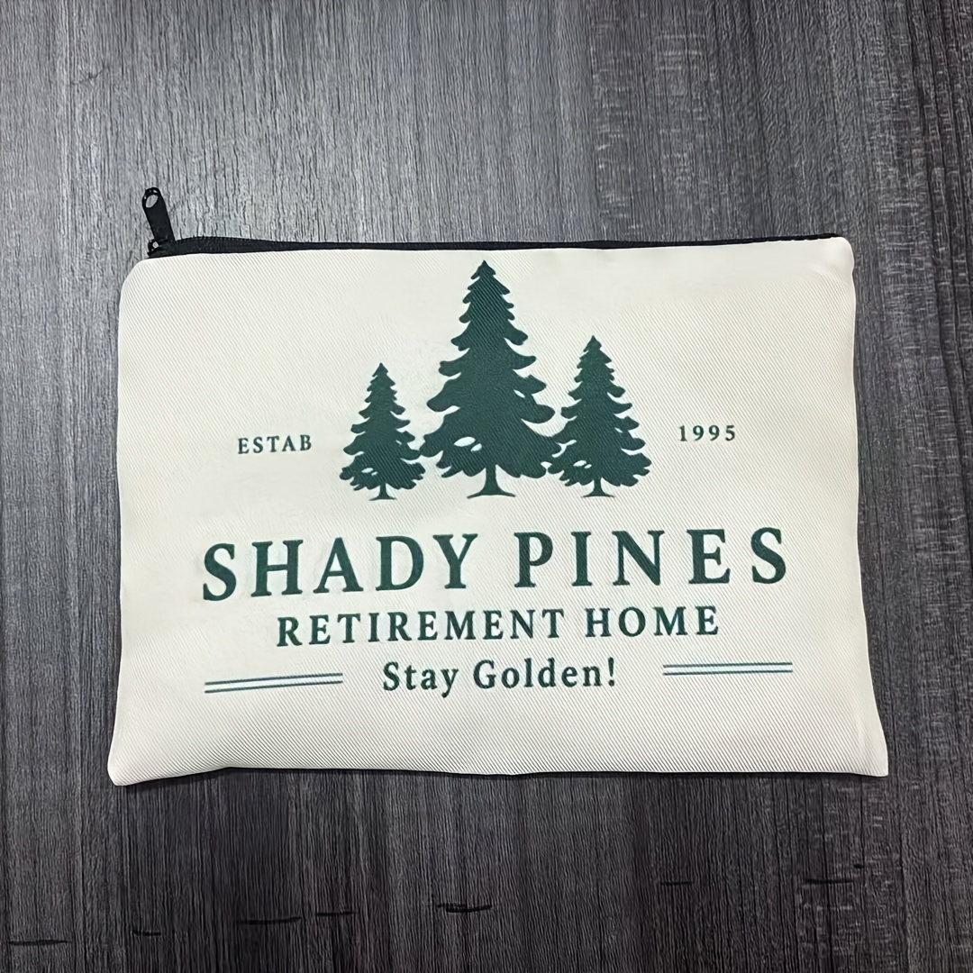 TEMU 1pc 2d Print Cosmetic Bag, 1. Shady Pines 2. Retirement Home 3. Pine Trees 4. !, With Zipper Closure, Lightweight Toiletry Bag, Organizer,