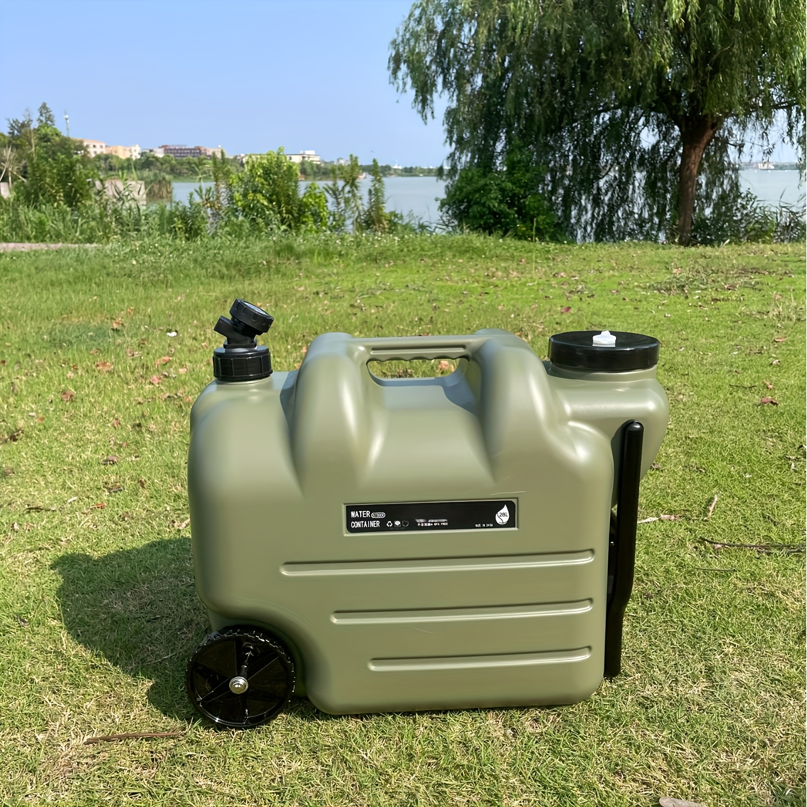 7.4gal/28l Water Bucket With Wheels And Pull Rods, Portable Large Capacity Pe Square Water Container For Outdoor Camping Hiking Picnic