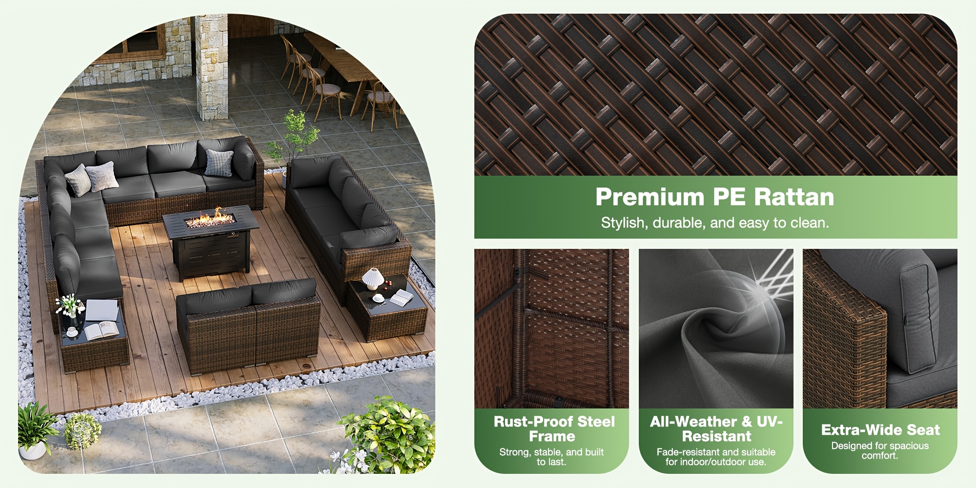 15pcs outdoor patio furniture set with   fire pit table wicker rattan sectional sofa with thick cushions coffee table waterproof cover beige cushions Product details 2