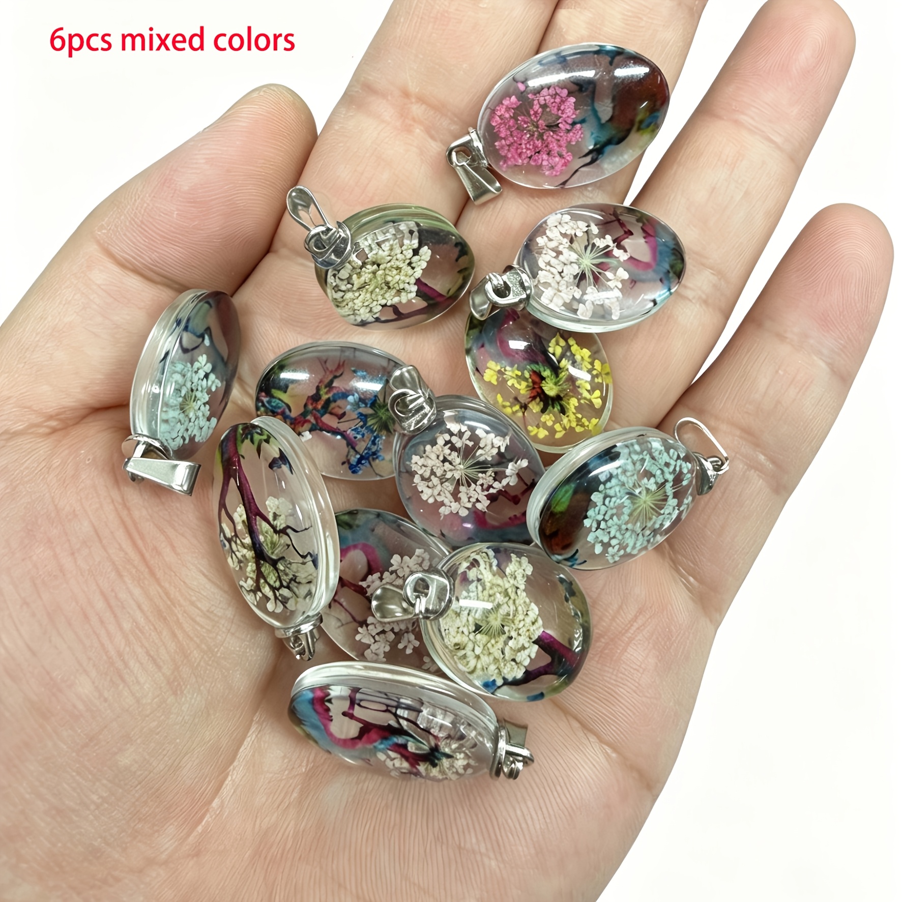 Image of 6pcs Tree Of Life Floral Pattern Transparent Glass Pendants, Oval Charms For Making, Elegant Pendants For Bracelets And Necklaces, Ideal Holiday And Birthday Gift, Assorted Colors