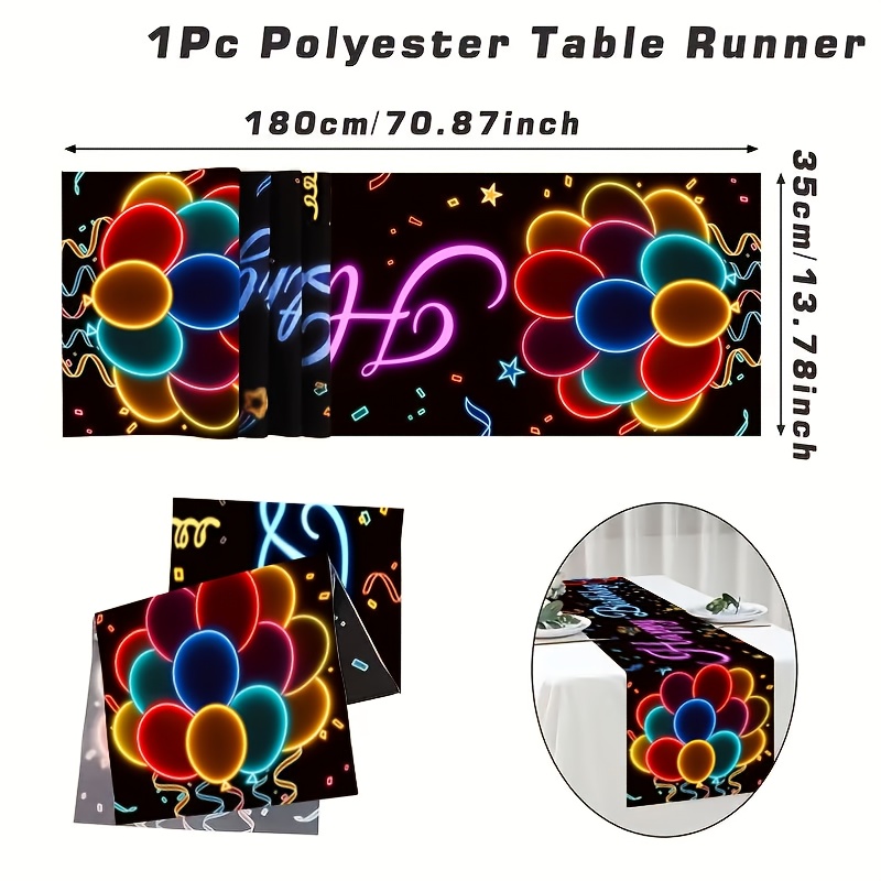 TEMU 1pc Neon Glow Birthday Table Runner - Neon -the-dark Party Decorations With Balloons, Glitter, Confetti & Happy Birthday Text, Durable Polyester
