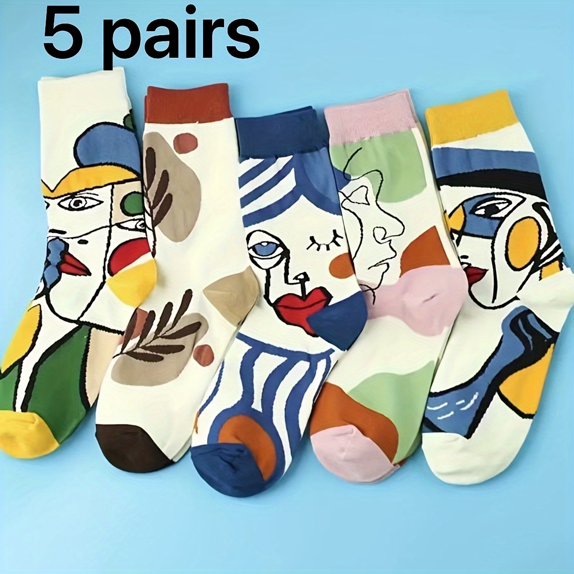 Image of 5-pairs Set Of Ultra-comfortable Color Block Socks - Style For Women - Fashionable Novelty Prints, Mid-rise Casual Wear Abstract Oil Painting Pattern Socks