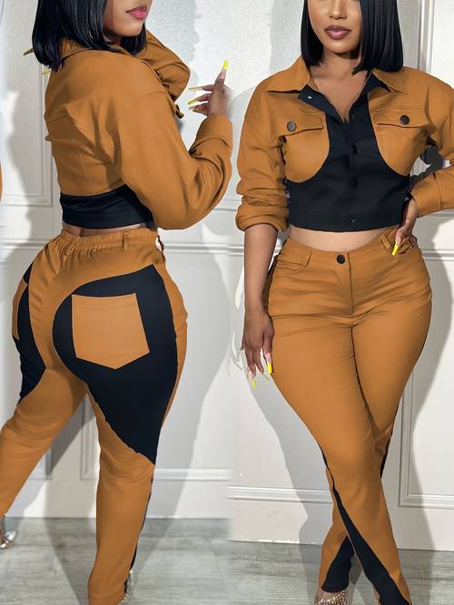 2pcs womens casual two piece set sports color blocking long sleeve lapel button up top pencil pants suitable for set