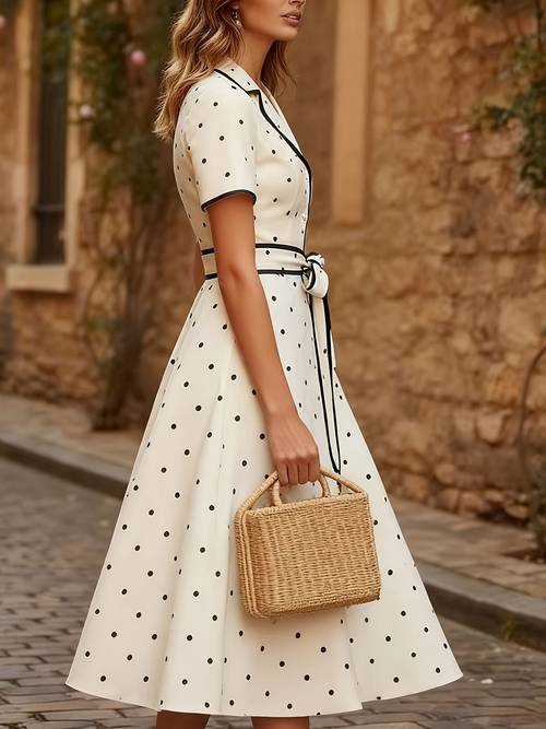 black and white polka dot v neck button waist tie bag drape comfortable french retro waist dress