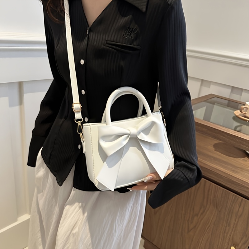 

Elegant Ladies Bowknot Crossbody Bag, Fashionable Solid Handbag With Zipper Closure, Shoulder Purse With Lining For Party And Shopping - White/black/pink Options