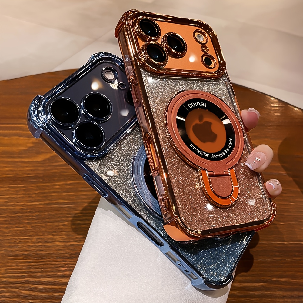   shockproof stand phone case with electroplated laser glitter suitable for iphone 17 16 15 14 13 12   pro   it features a stand and supports wireless charging making it a great gift for friends or  