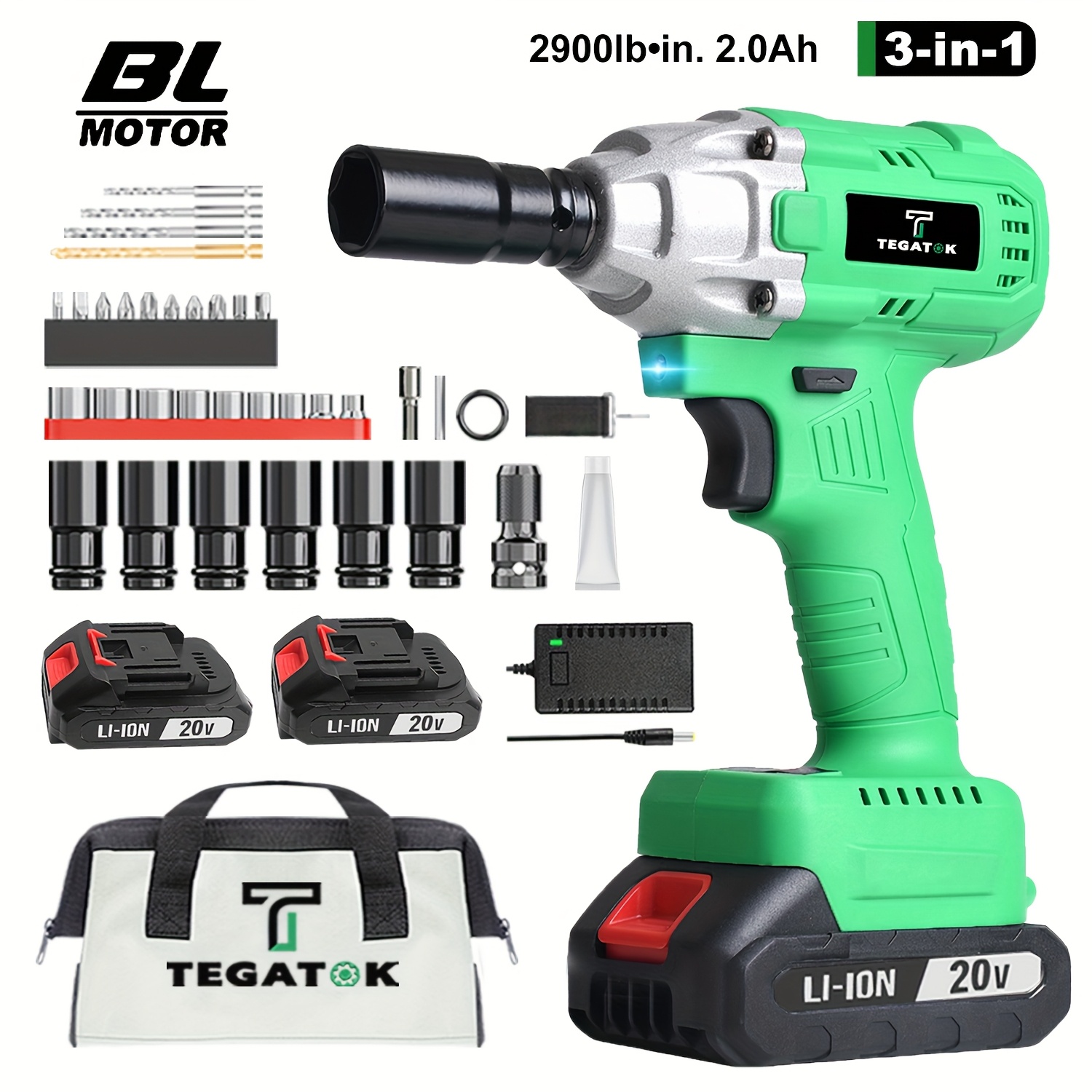 

Tegatok 20v 1/2- , 320 Nm And 3200 Ipm , Battery And Charger, 6 And Tool , Set, 2.0ah Battery, Automotive