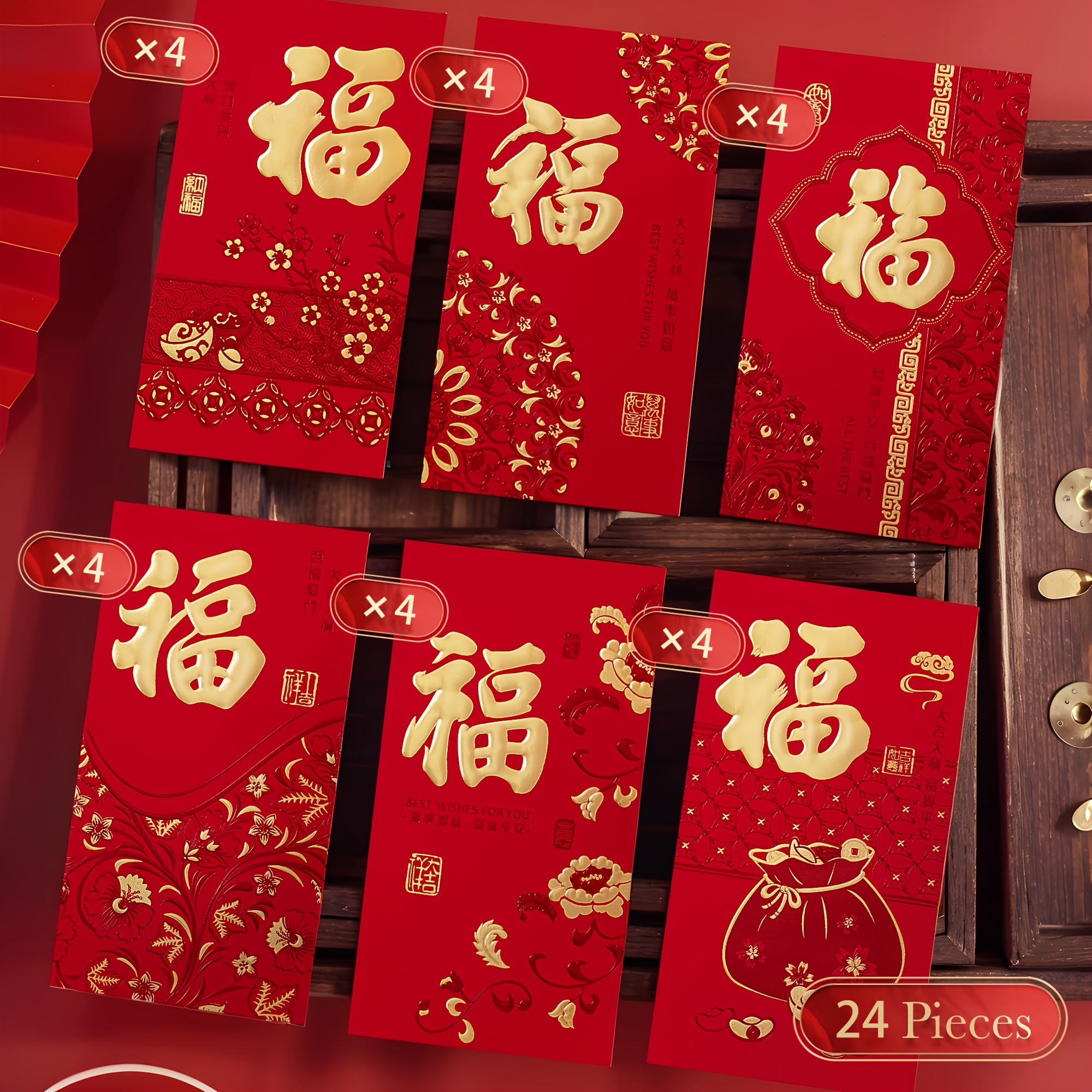 

24pcs Red Envelopes Chinese New Year, Red Chinese Envelopes For Money 2025 Snake Lunar New Year, 6 Designs, Gold Foil Fu