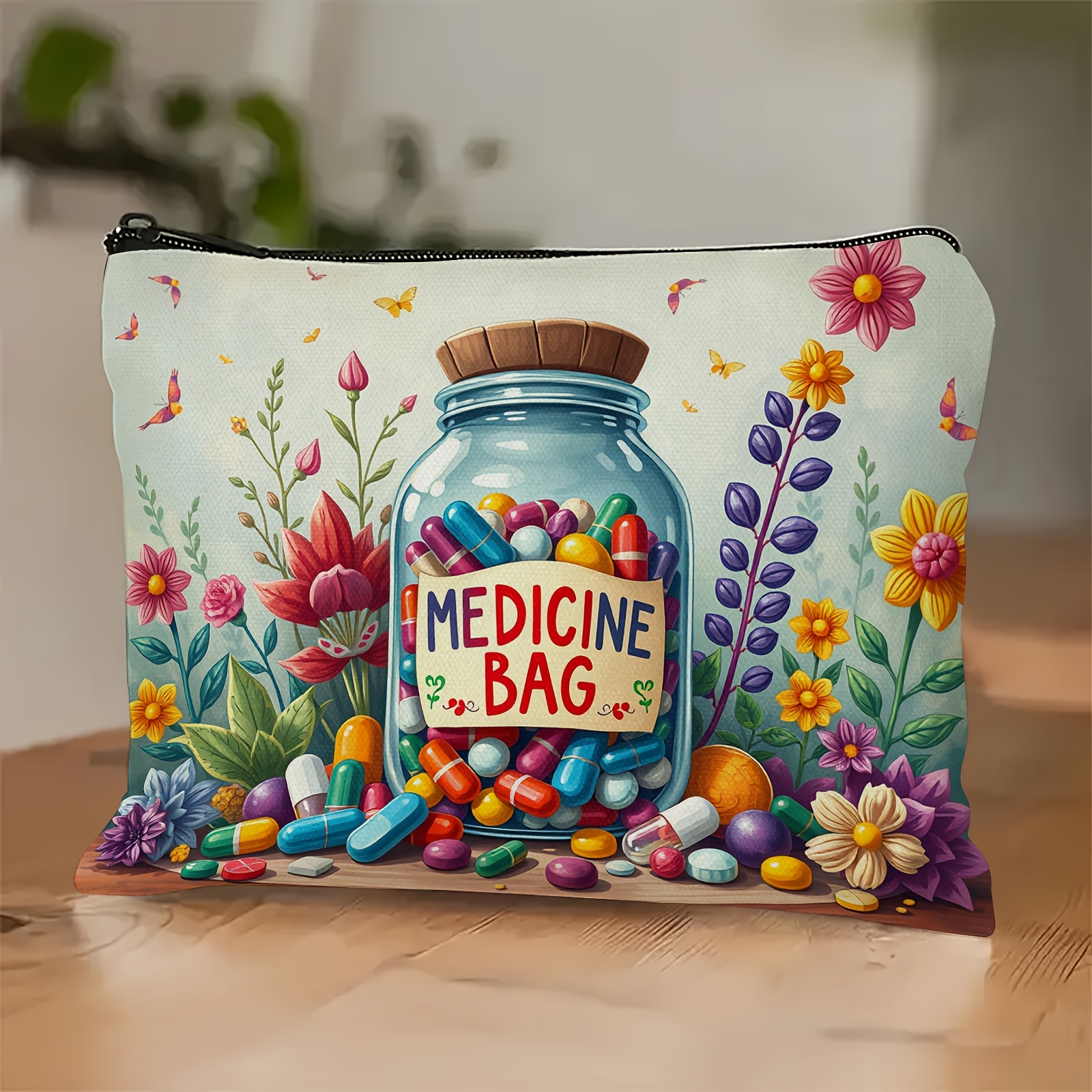 Image of Colorful Medicine Bag With - Reusable Cosmetic Pouch For Travel, Vacation, And Gifts, Holds Medicines, Snacks, , And More, White With Illustrations, Travel Pouch | Illustration | Zippered Pouch