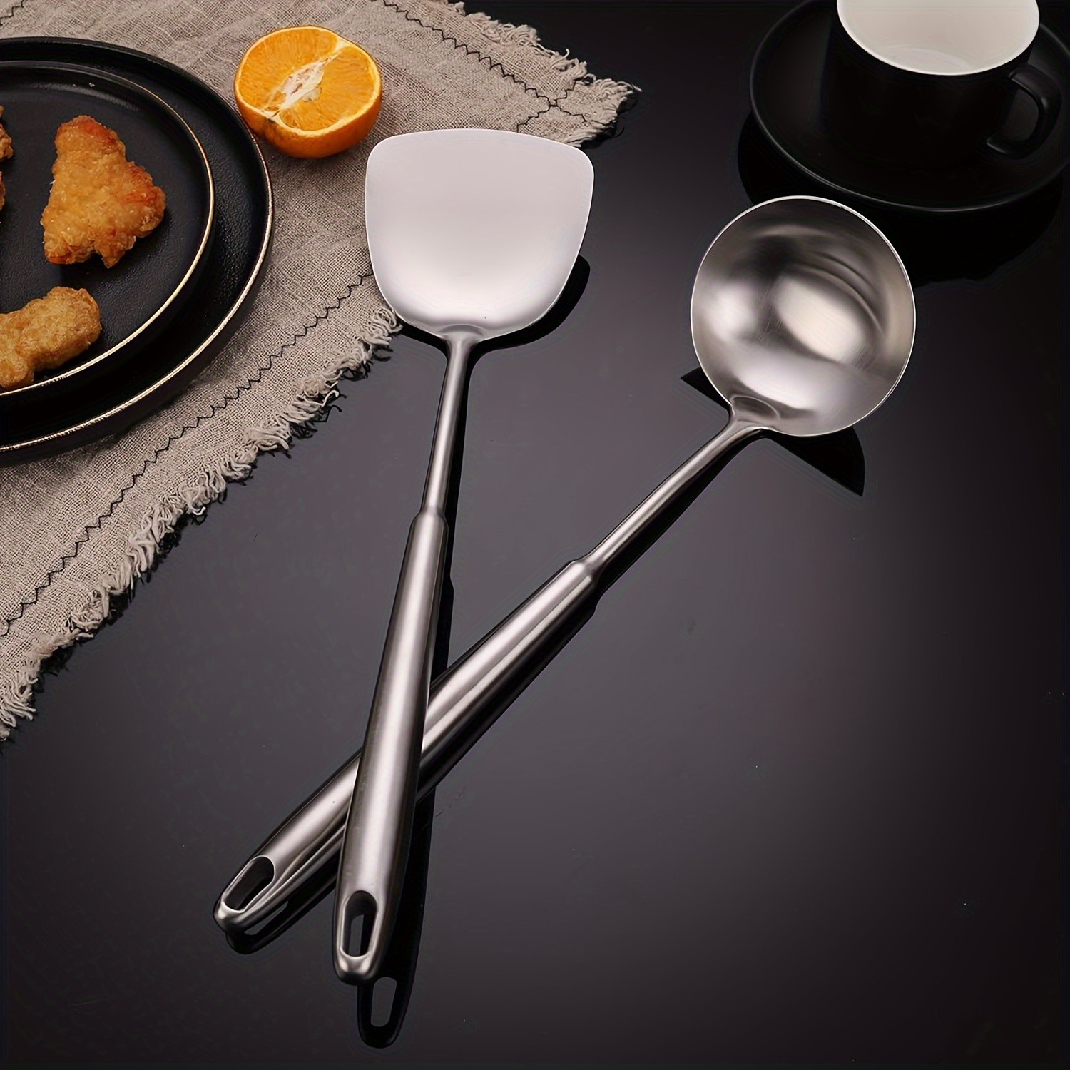 Set Ustensiles Cuisine Inox 10 Pièces - Antiadhésif Avec Support Inclus