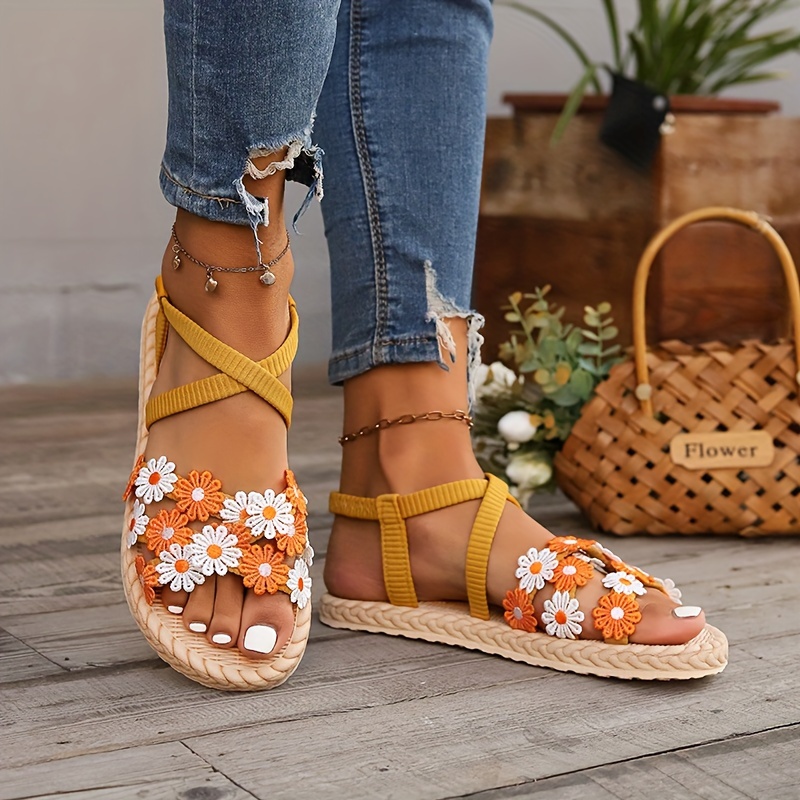 

Women's Daisy Flower Flat Sandals, Casual Crisscross Strap Summer Beach Shoes, Bohemian Lightweight Elastic Band Shoes