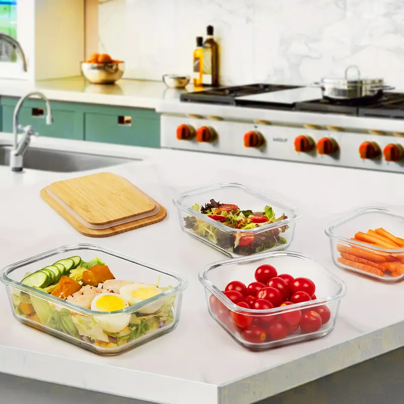 4 pack glass food storage containers with bamboo lids microwave oven freezer dishwasher safe stackable space saving meal prep containers 4 sizes 35 1oz 22oz 27oz 17 6oz bpa free leakproof for lunch kitchen office glass food containers keeper lidding Product details 1