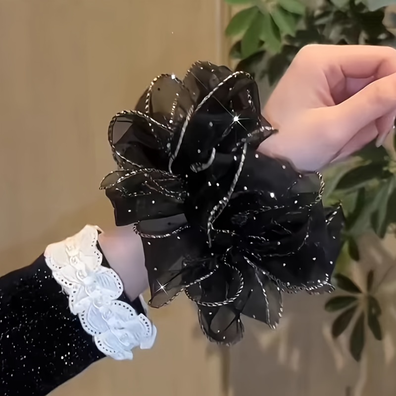 

1pc Elegant Black Mesh Scrunchie With Sparkling Rhinestones - Chic Hair Tie, Women's Formal & Hairstyles