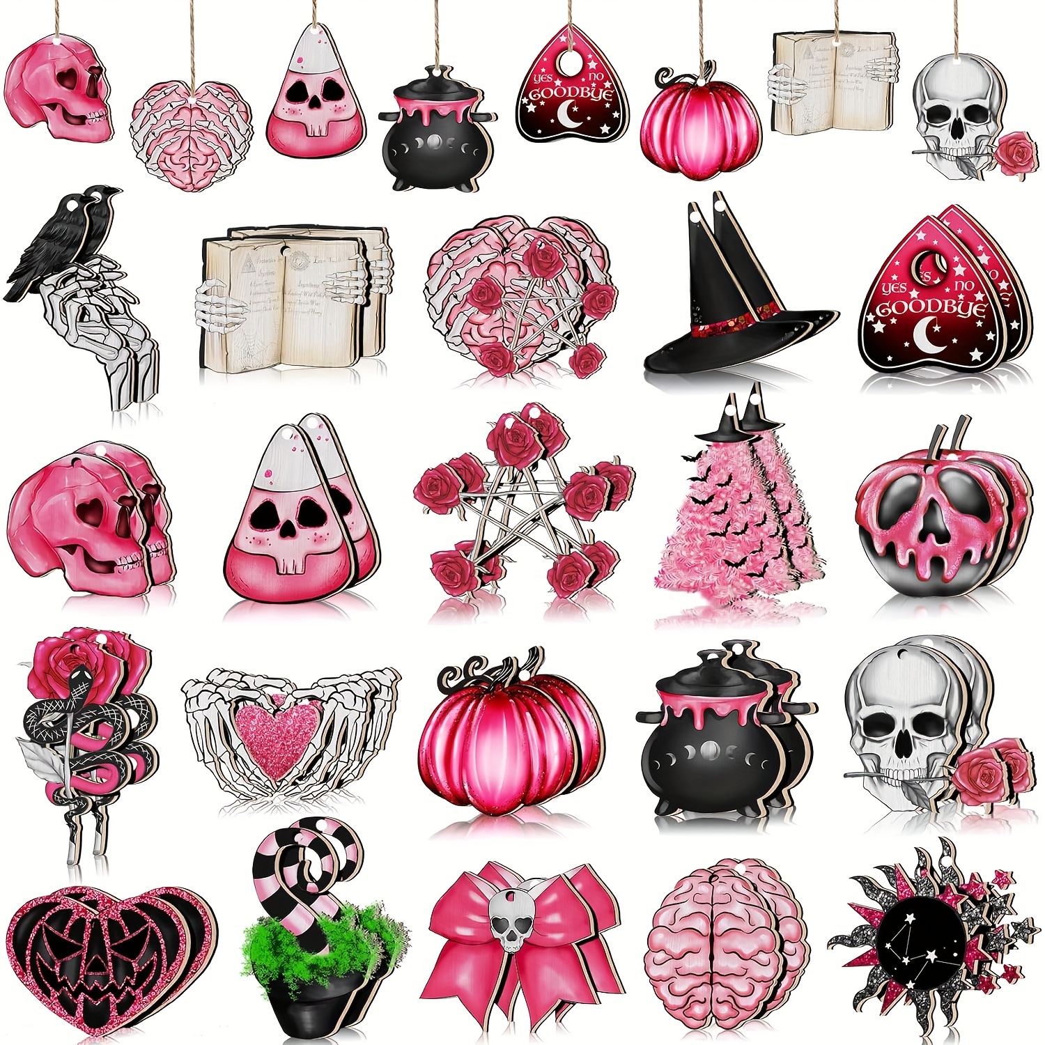 

20pcs Gothic Ornament Set - Spooky , Skeleton & -themed Wooden Decorations For Tree, Home & Party Decoration, No Power Needed