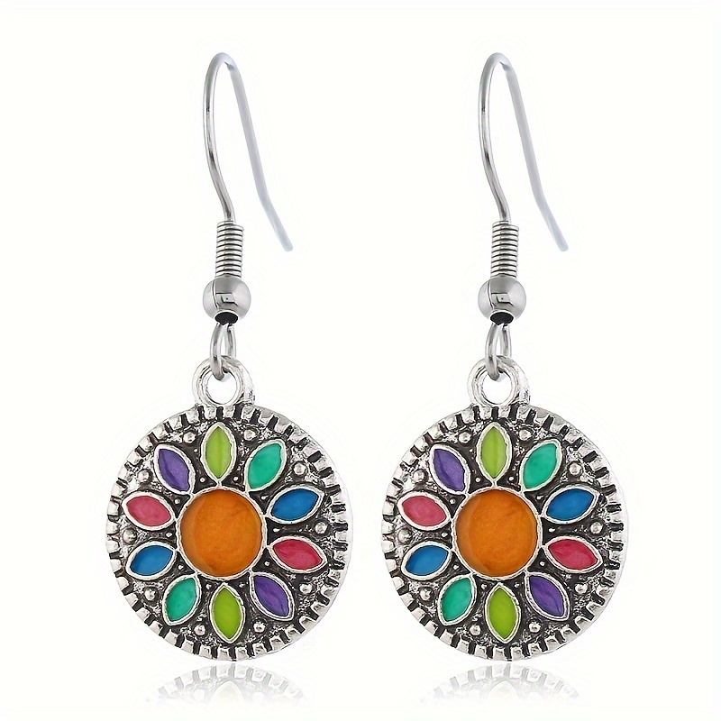 Vintage Round Oil Drop Flower Dangle Earrings For Women, Alloy & Copper Earring Set, Retro Elegant Jewelry For Daily Wear details 3
