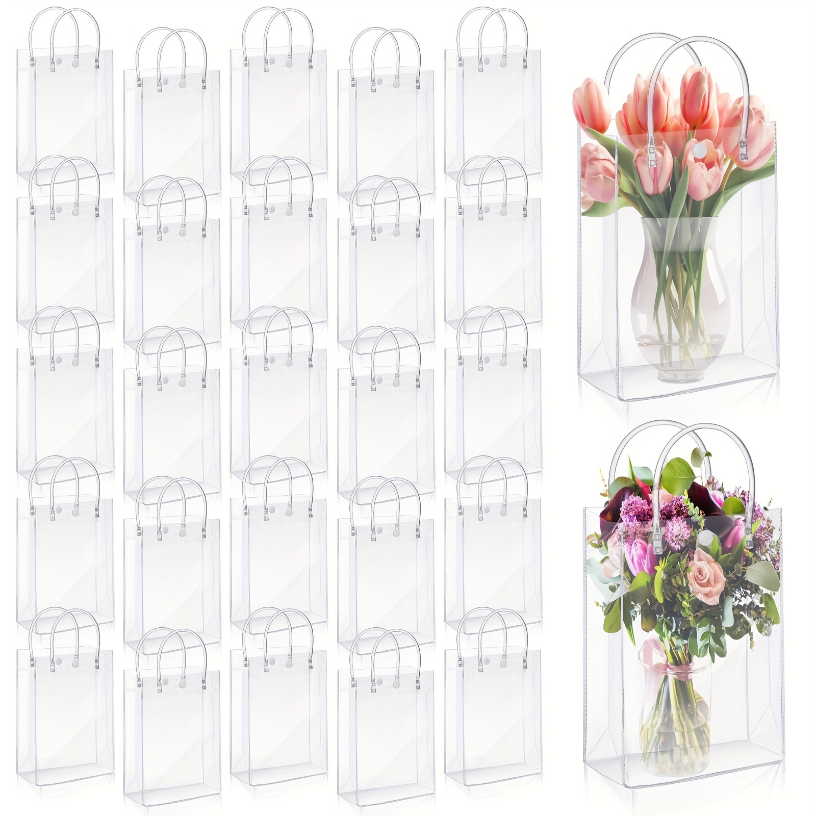 

50-pack Transparent Plastic Tote Bags With Handles, Reusable Clear Gift Carry Bags For Party Favors, Weddings, Small Presents - Sturdy Bottom, Secure Seal, Soft Grip Handle