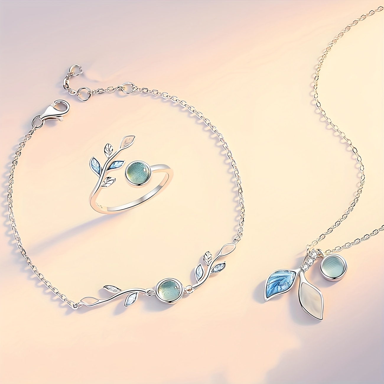 Moonstone Leaf Jewelry Set - Necklace, Ring, Bracelet - Silvery Plated