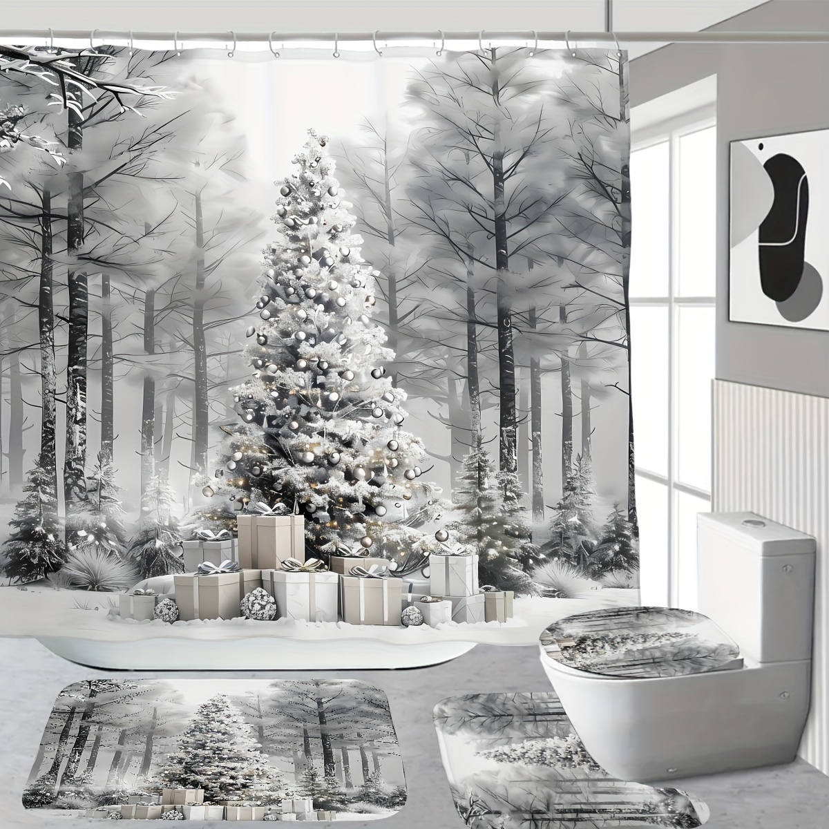 

1/4pcs Christmas Decoration Pattern Printed Shower Curtain Bath Mat Set, Decoration Shower Curtain Carpet And Lid Polyester Cloth Shower Curtain 12 Plastic 180*180cm