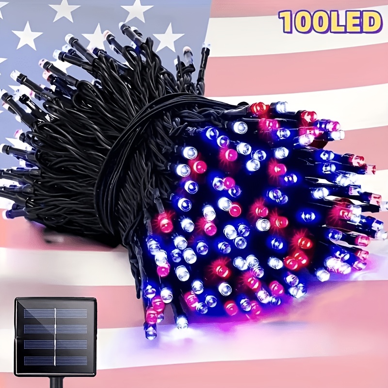 TEMU Solar-powered Red, White, And Blue Light String, Length 1200cm/100led, Solar-powered, 8 Flashing . Halloween Christmas