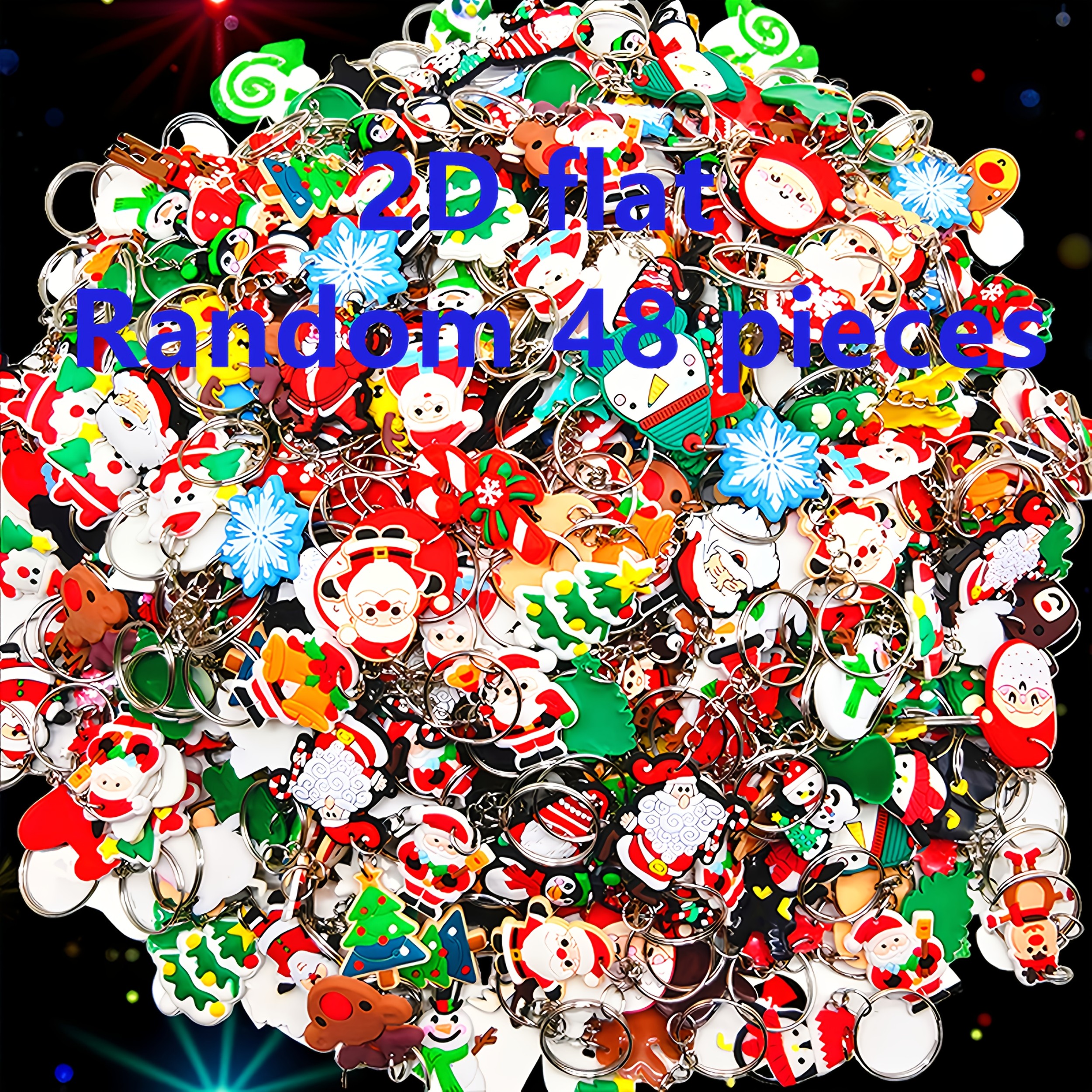 TEMU Plat 2D, Cadeau pour Elle/Lui, Lot de 48 Porte-clés Plats 2D Aléatoires, Mignons et sur le Thème de Noël pour Fête, Porte-clés en PVC Série