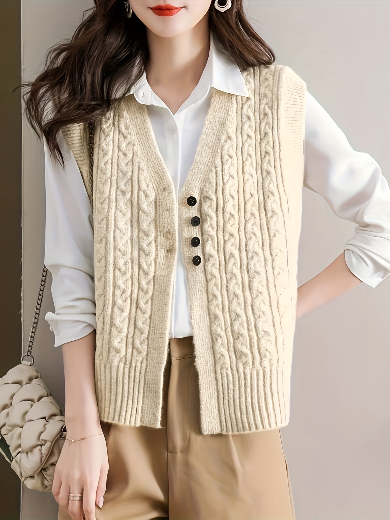 womens chic polyester knit vest v neck cable knit sweater Temu