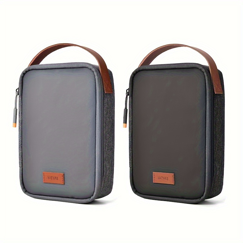 Compact Gray Travel Organizer Bag with Brown Accents - Portable Cable & Phone Storage Pouch for Cables, Chargers, and Accessories, Durable Polyester Material, Perfect for Tech Enthusiasts, Tech Accessory Pouch | Sleek Design | Secure Zipper Closure, Travel Organizer
