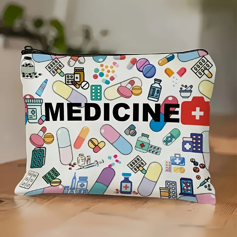 Medicine-Themed Cosmetic Travel Bag - Foldable Lightweight Zippered Makeup Organizer with Pill & Syringe Design, Durable Fabric for Women, Teachers - Beige Gift for Healthcare Professionals, Cosmetic Bag