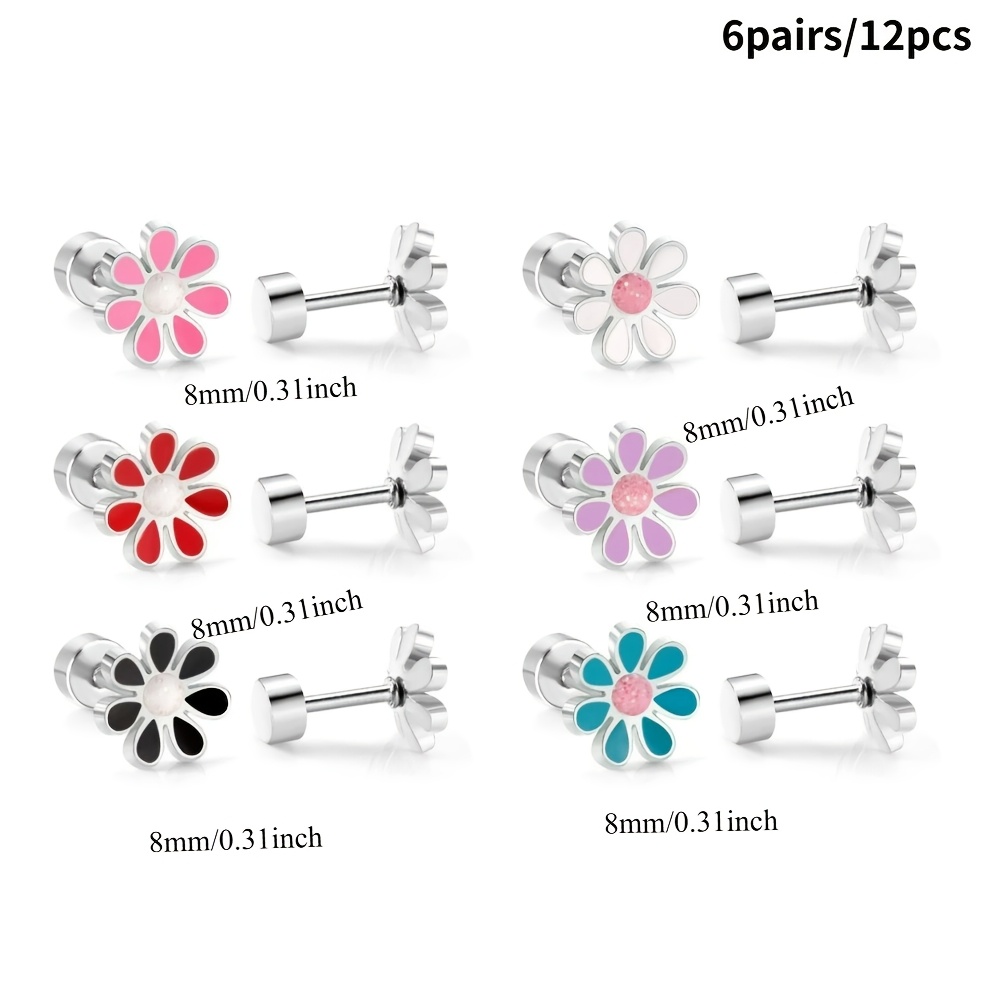 6 Pairs Women Daisy Flower Stud Earrings Set, 18K Gold Plated