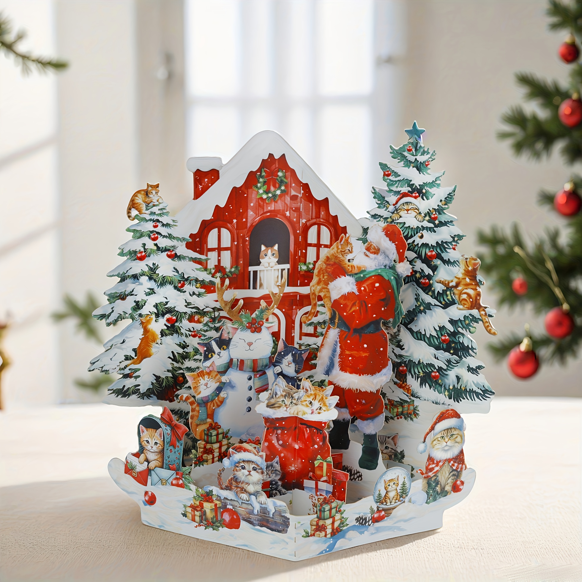 TEMU [party Invitations]1pc A Handcrafted Pop-up Card Featuring A Merry Christmas Cat House, Perfect For Cat Enthusiasts, As A Greeting Or Party