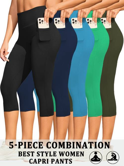 5 pack 5 high waisted capri pants for women with pockets super soft tummy control no see through workout running yoga athletic leggings womens summer clothing