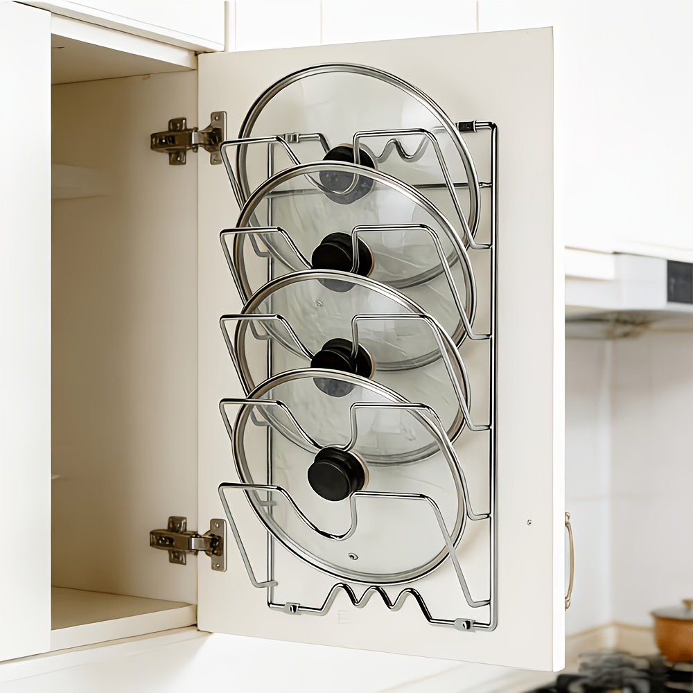 TEMU Upgraded 5-tier Pot Lid Organizer, 40 X 27 X 8 Cm. Designed For Installation On Cabinet Doors Or Walls, This Chrome-plated Metal Kitchen