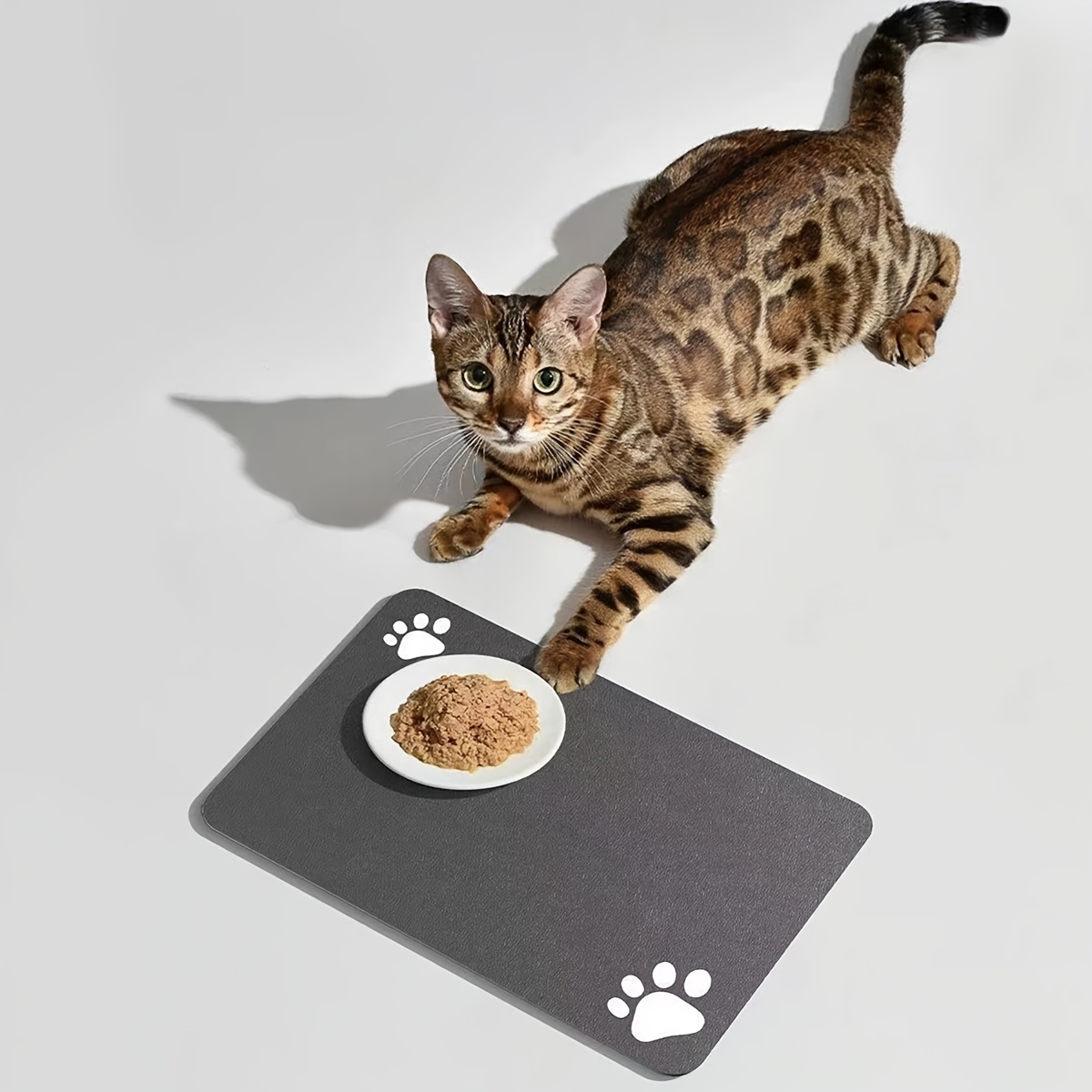 1pc Quick Dry Diatomaceous Earth Pet Feeding Mat - Splash-Proof, Absorbent, Easy to Clean, for Dogs And Cats, Herring Bone Pattern with Paw Print Design, Black, Washable Pet Feeding Mat