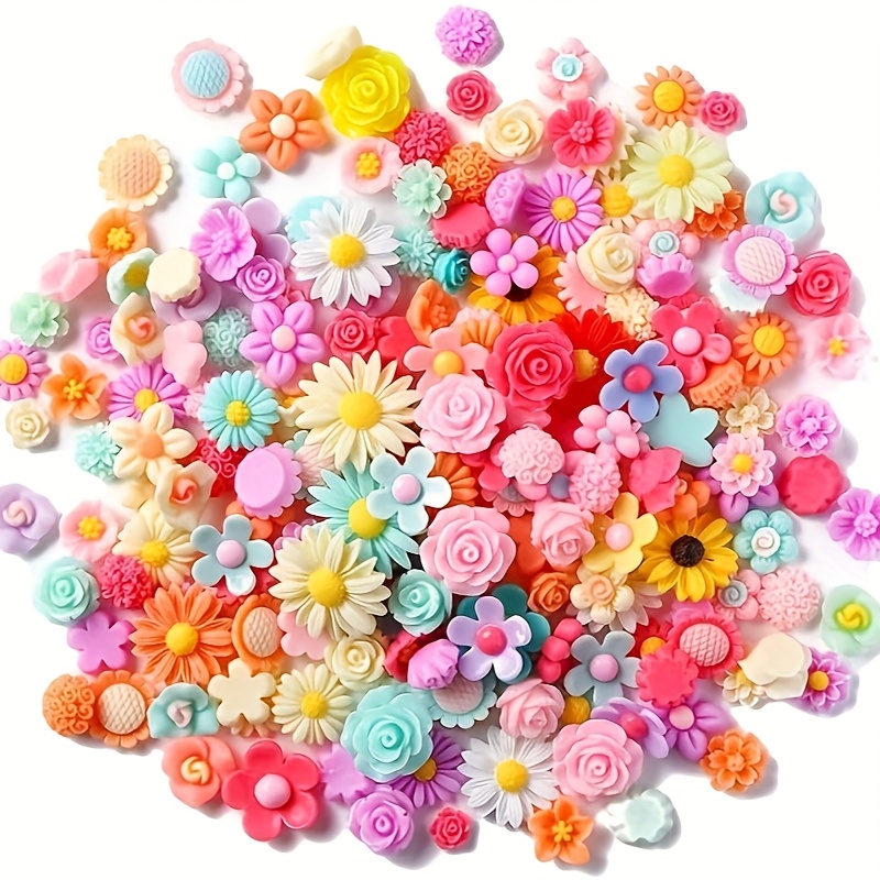 

100pcs Vibrant Mini Resin Flower Charms - Mixed Colors Daisy Embellishments For Diy Crafts, Scrapbooking & Hair Clips, Assorted Floral Designs With Center Detail, Flower Beads