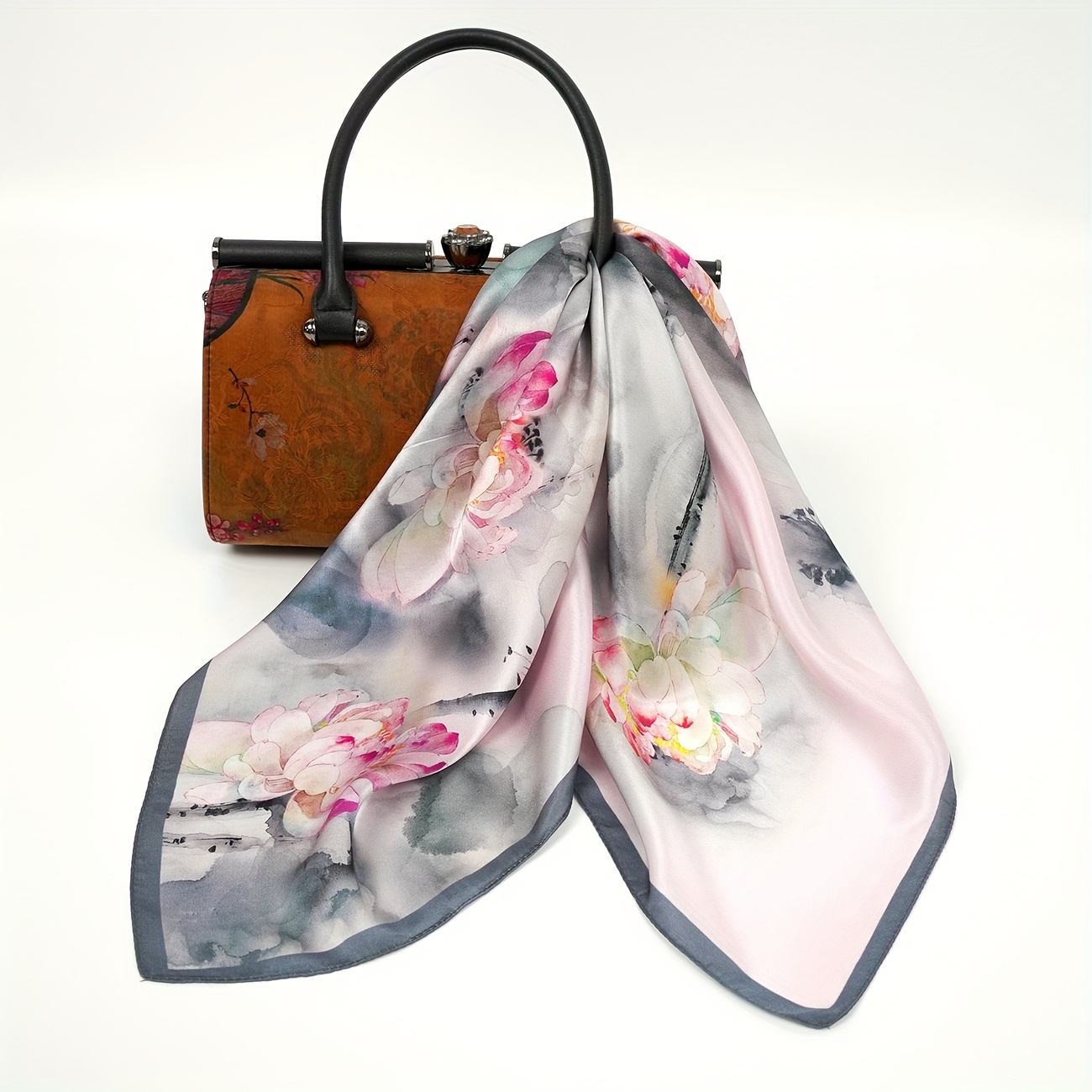 TEMU 65cm X 65cm Ink-wash Printed Women's Silk Square Scarf, Chinese Style , Vintage For Lotus Pattern, Elegant And , 100% Silk, High-end Luxurious